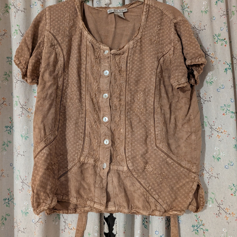 Cute Options Women's Button Up Tan Blouse With Tie Back Detail